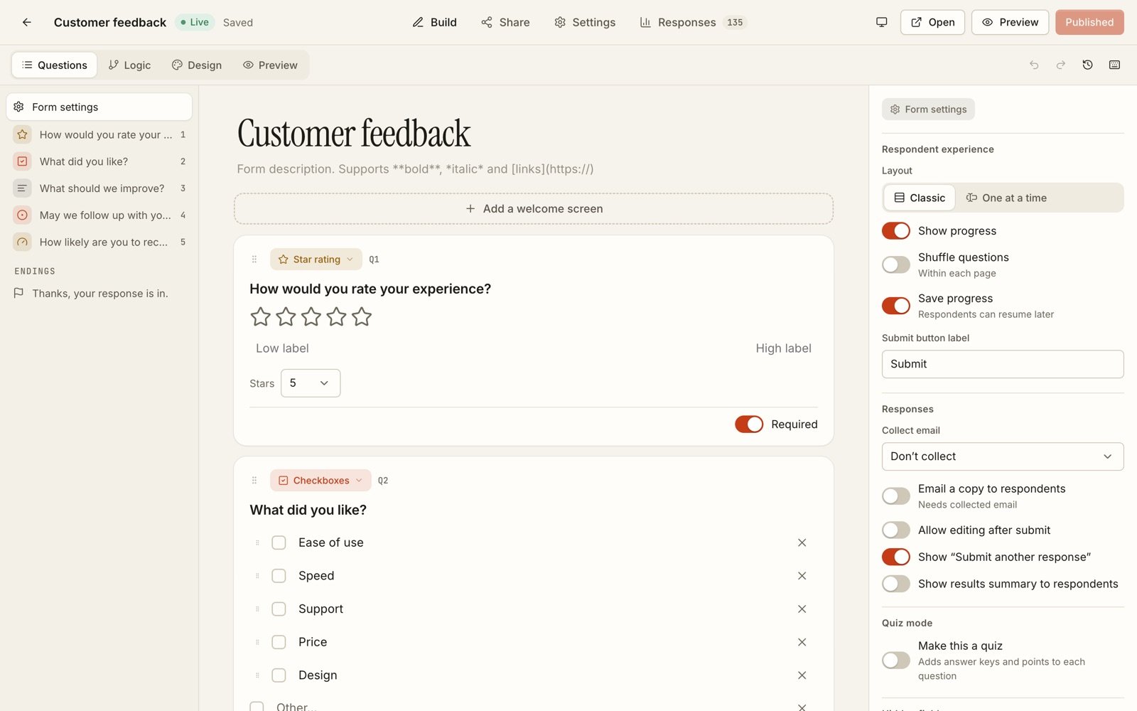 The builder showing a star rating question and a checkbox question